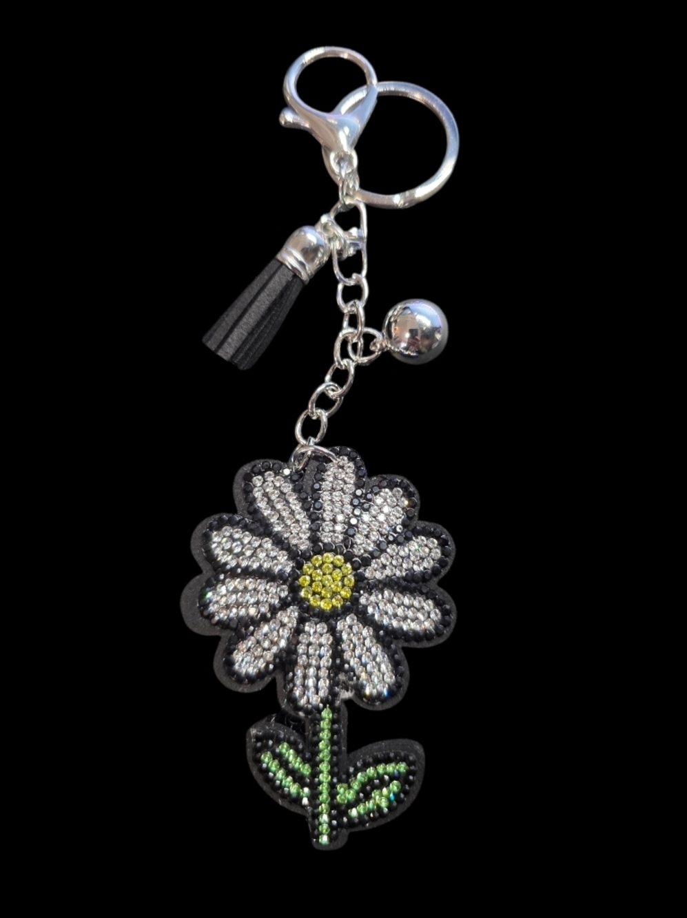 Daisy Flower Bag Charm Keychain with Silver and Yellow Accents